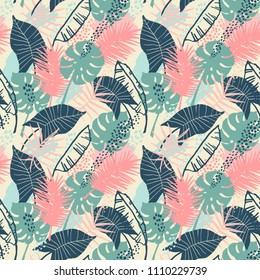 Seamless exotic pattern with tropical plants. Vector hand draw background.