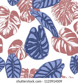 Seamless Exotic Pattern with Tropical Plants. Vector Background with Hand Draw Monstera Palm Leaves. Bright Rapport for Cloth, Textile Design. Jungle Foliage. Seamless Tropical Pattern with Alocasia.