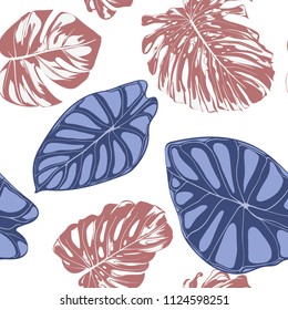 Seamless Exotic Pattern with Tropical Plants. Vector Background with Hand Draw Monstera Palm Leaves. Bright Rapport for Cloth, Textile Design. Jungle Foliage. Seamless Tropical Pattern with Alocasia.