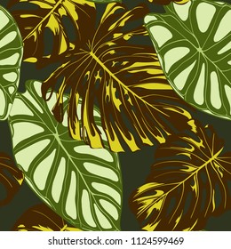 Seamless Exotic Pattern with Tropical Plants. Vector Background with Hand Draw Monstera Palm Leaves. Bright Rapport for Cloth, Textile Design. Jungle Foliage. Seamless Tropical Pattern with Alocasia.