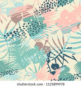 Diseño exótico sin inconvenientes con plantas tropicales y fondo artístico. Diseño abstracto moderno para el papel, la cubierta, la tela, la decoración interior y otros usuarios.