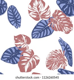 Seamless Exotic Pattern with Tropical Plants. Vector Background with Hand Draw Monstera Palm Leaves. Bright Rapport for Cloth, Textile Design. Jungle Foliage. Seamless Tropical Pattern with Alocasia.