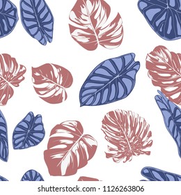 Seamless Exotic Pattern with Tropical Plants. Vector Background with Hand Draw Monstera Palm Leaves. Bright Rapport for Cloth, Textile Design. Jungle Foliage. Seamless Tropical Pattern with Alocasia.