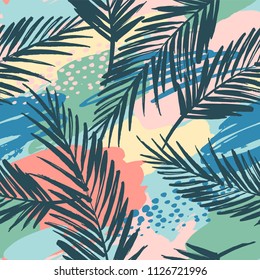 Seamless exotic pattern with tropical plants and artistic background. Modern abstract design for paper, cover, fabric, interior decor and other users.