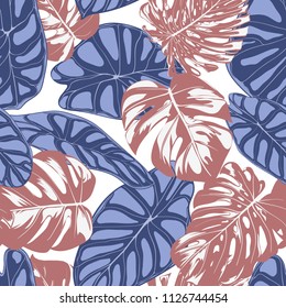 Seamless Exotic Pattern with Tropical Plants. Vector Background with Hand Draw Monstera Palm Leaves. Bright Rapport for Cloth, Textile Design. Jungle Foliage. Seamless Tropical Pattern with Alocasia.
