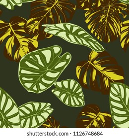 Seamless Exotic Pattern with Tropical Plants. Vector Background with Hand Draw Monstera Palm Leaves. Bright Rapport for Cloth, Textile Design. Jungle Foliage. Seamless Tropical Pattern with Alocasia.