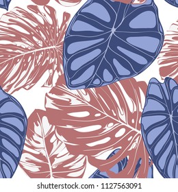 Seamless Exotic Pattern with Tropical Plants. Vector Background with Hand Draw Monstera Palm Leaves. Bright Rapport for Cloth, Textile Design. Jungle Foliage. Seamless Tropical Pattern with Alocasia.
