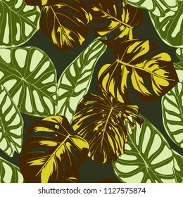 Seamless Exotic Pattern with Tropical Plants. Vector Background with Hand Draw Monstera Palm Leaves. Bright Rapport for Cloth, Textile Design. Jungle Foliage. Seamless Tropical Pattern with Alocasia.