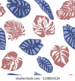 Seamless Exotic Pattern with Tropical Plants. Vector Background with Hand Draw Monstera Palm Leaves. Bright Rapport for Cloth, Textile Design. Jungle Foliage. Seamless Tropical Pattern with Alocasia.