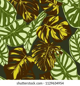 Seamless Exotic Pattern with Tropical Plants. Vector Background with Hand Draw Monstera Palm Leaves. Bright Rapport for Cloth, Textile Design. Jungle Foliage. Seamless Tropical Pattern with Alocasia.