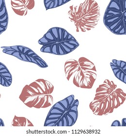 Seamless Exotic Pattern with Tropical Plants. Vector Background with Hand Draw Monstera Palm Leaves. Bright Rapport for Cloth, Textile Design. Jungle Foliage. Seamless Tropical Pattern with Alocasia.