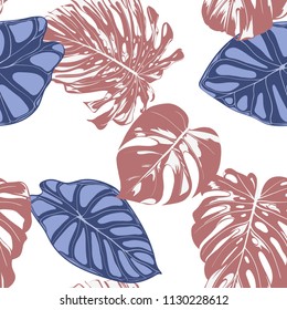 Seamless Exotic Pattern with Tropical Plants. Vector Background with Hand Draw Monstera Palm Leaves. Bright Rapport for Cloth, Textile Design. Jungle Foliage. Seamless Tropical Pattern with Alocasia.