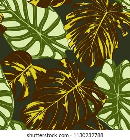 Seamless Exotic Pattern with Tropical Plants. Vector Background with Hand Draw Monstera Palm Leaves. Bright Rapport for Cloth, Textile Design. Jungle Foliage. Seamless Tropical Pattern with Alocasia.