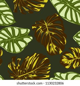 Seamless Exotic Pattern with Tropical Plants. Vector Background with Hand Draw Monstera Palm Leaves. Bright Rapport for Cloth, Textile Design. Jungle Foliage. Seamless Tropical Pattern with Alocasia.