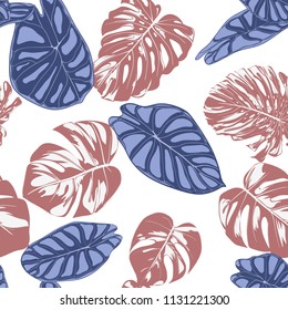 Seamless Exotic Pattern with Tropical Plants. Vector Background with Hand Draw Monstera Palm Leaves. Bright Rapport for Cloth, Textile Design. Jungle Foliage. Seamless Tropical Pattern with Alocasia.