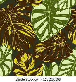 Seamless Exotic Pattern with Tropical Plants. Vector Background with Hand Draw Monstera Palm Leaves. Bright Rapport for Cloth, Textile Design. Jungle Foliage. Seamless Tropical Pattern with Alocasia.