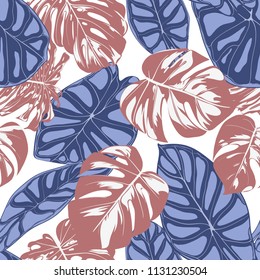 Seamless Exotic Pattern with Tropical Plants. Vector Background with Hand Draw Monstera Palm Leaves. Bright Rapport for Cloth, Textile Design. Jungle Foliage. Seamless Tropical Pattern with Alocasia.