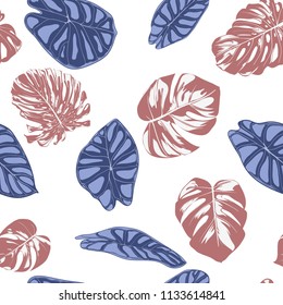 Seamless Exotic Pattern with Tropical Plants. Vector Background with Hand Draw Monstera Palm Leaves. Bright Rapport for Cloth, Textile Design. Jungle Foliage. Seamless Tropical Pattern with Alocasia.