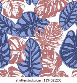 Seamless Exotic Pattern with Tropical Plants. Vector Background with Hand Draw Monstera Palm Leaves. Bright Rapport for Cloth, Textile Design. Jungle Foliage. Seamless Tropical Pattern with Alocasia.