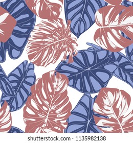 Seamless Exotic Pattern with Tropical Plants. Vector Background with Hand Draw Monstera Palm Leaves. Bright Rapport for Cloth, Textile Design. Jungle Foliage. Seamless Tropical Pattern with Alocasia.
