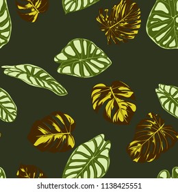 Seamless Exotic Pattern with Tropical Plants. Vector Background with Hand Draw Monstera Palm Leaves. Bright Rapport for Cloth, Textile Design. Jungle Foliage. Seamless Tropical Pattern with Alocasia.