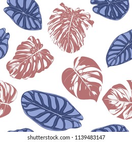 Seamless Exotic Pattern with Tropical Plants. Vector Background with Hand Draw Monstera Palm Leaves. Bright Rapport for Cloth, Textile Design. Jungle Foliage. Seamless Tropical Pattern with Alocasia.