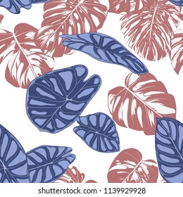 Seamless Exotic Pattern with Tropical Plants. Vector Background with Hand Draw Monstera Palm Leaves. Bright Rapport for Cloth, Textile Design. Jungle Foliage. Seamless Tropical Pattern with Alocasia.