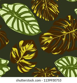 Seamless Exotic Pattern with Tropical Plants. Vector Background with Hand Draw Monstera Palm Leaves. Bright Rapport for Cloth, Textile Design. Jungle Foliage. Seamless Tropical Pattern with Alocasia.