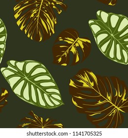 Seamless Exotic Pattern with Tropical Plants. Vector Background with Hand Draw Monstera Palm Leaves. Bright Rapport for Cloth, Textile Design. Jungle Foliage. Seamless Tropical Pattern with Alocasia.