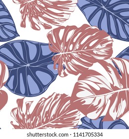 Seamless Exotic Pattern with Tropical Plants. Vector Background with Hand Draw Monstera Palm Leaves. Bright Rapport for Cloth, Textile Design. Jungle Foliage. Seamless Tropical Pattern with Alocasia.