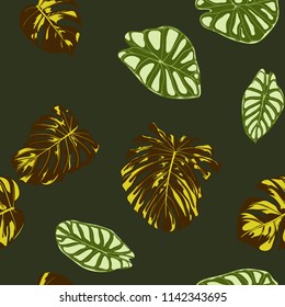 Seamless Exotic Pattern with Tropical Plants. Vector Background with Hand Draw Monstera Palm Leaves. Bright Rapport for Cloth, Textile Design. Jungle Foliage. Seamless Tropical Pattern with Alocasia.