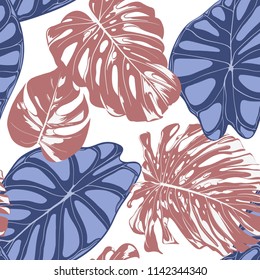 Seamless Exotic Pattern with Tropical Plants. Vector Background with Hand Draw Monstera Palm Leaves. Bright Rapport for Cloth, Textile Design. Jungle Foliage. Seamless Tropical Pattern with Alocasia.