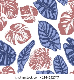 Seamless Exotic Pattern with Tropical Plants. Vector Background with Hand Draw Monstera Palm Leaves. Bright Rapport for Cloth, Textile Design. Jungle Foliage. Seamless Tropical Pattern with Alocasia.