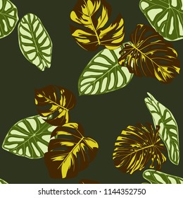 Seamless Exotic Pattern with Tropical Plants. Vector Background with Hand Draw Monstera Palm Leaves. Bright Rapport for Cloth, Textile Design. Jungle Foliage. Seamless Tropical Pattern with Alocasia.