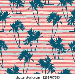 Seamless exotic pattern with tropical plants and stripes background. Modern abstract design for paper, cover, fabric, interior decor and other users.