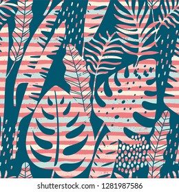 Seamless exotic pattern with tropical plants and stripes background. Modern abstract design for paper, cover, fabric, interior decor and other users.