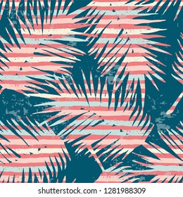 Seamless exotic pattern with tropical plants and stripes background. Modern abstract design for paper, cover, fabric, interior decor and other users.