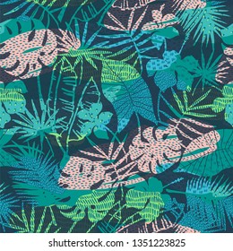 Seamless exotic pattern with tropical plants. Vector hand draw background.