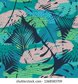 Seamless exotic pattern with tropical plants. Vector hand draw background.