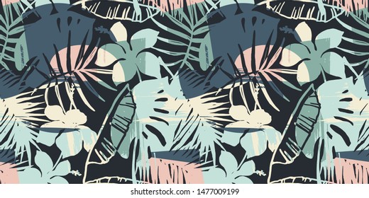 Seamless exotic pattern with tropical plants and artistic background. Modern abstract design for paper, cover, fabric, interior decor and other users.