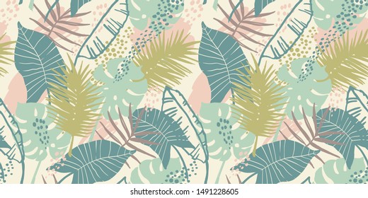 Seamless exotic pattern with tropical plants. Vector hand draw background.