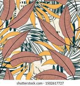 Seamless exotic pattern with tropical plants on a light background. Beautiful exotic plants. Beautiful exotic plants. The Print Is Very Beautiful. Printing, textiles, fabric, design, pattern.