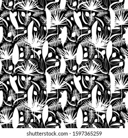 Seamless exotic pattern with tropical plants leaf isolated on black background. Vector jungle illustration. Hawaiian monochrome bouquet. Design wallpaper,wrapping paper,fabric,interior, print t shirt.