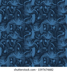 Seamless exotic pattern with tropical plants and artistic background.Vector. Modern abstract design for paper, cover,fabric,interior decor and other users.Tropical palm,monstera,fern leaves blue tone.