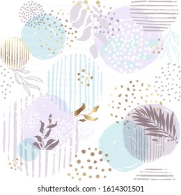 Seamless exotic pattern with tropical plants and gold glitter elements. Vector hand draw tropical leaves  background  for paper, cover, fabric, interior decor.