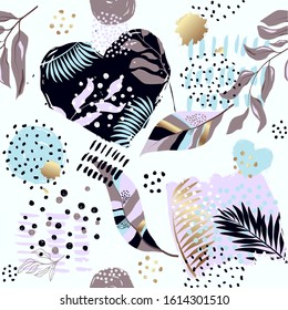 Seamless exotic pattern with tropical plants and gold glitter elements. Vector hand draw tropical leaves  background  for paper, cover, fabric, interior decor.