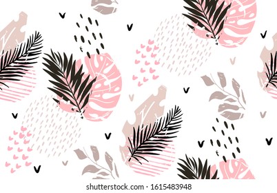 Seamless exotic pattern with tropical plants and gold glitter elements. Vector hand draw tropical leaves  background  for paper, cover, fabric, interior decor.