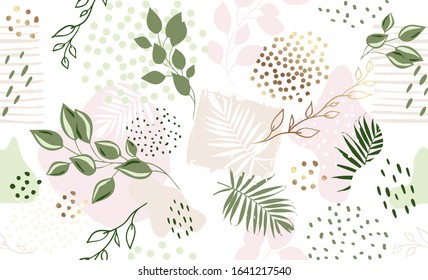 Impresionante estampado exótico con plantas tropicales y elementos dorados rosados La mano vectora dibuja fondo de hojas tropicales para la cubierta, tela, decoración interior.
