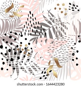 Seamless exotic pattern with tropical plants and pink gold elements. Vector hand draw tropical leaves  background  for paper, cover, fabric, interior decor.