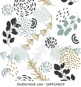Seamless exotic pattern with tropical plants and gold elements. Vector hand draw tropical leaves background  for paper, cover, fabric, interior decor.
